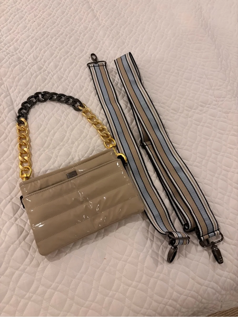 THINK ROYLN Beige Patent Quilted Crossbody with Gold & Black Chain